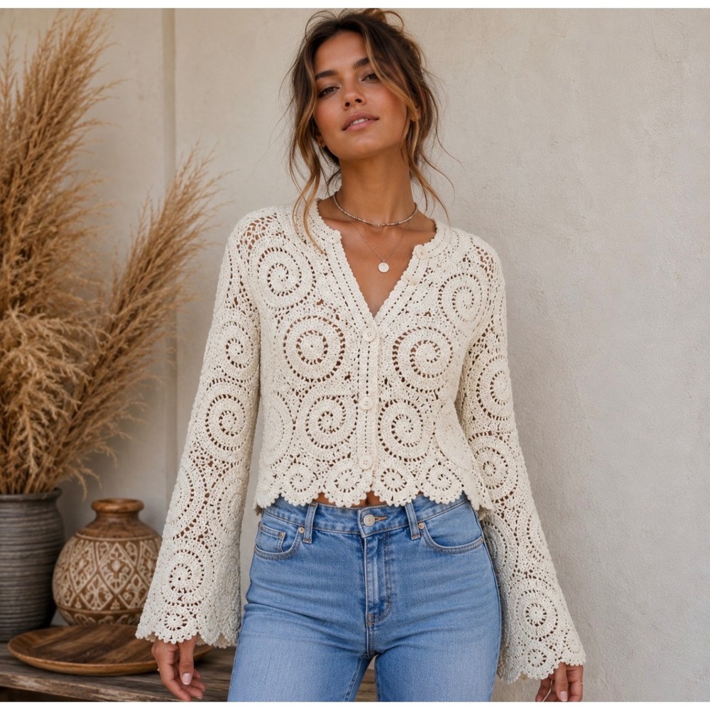 NWT Cream Open Knit Crochet Cardigan 100% Cotton Coastal Cottagecore Sweater OS